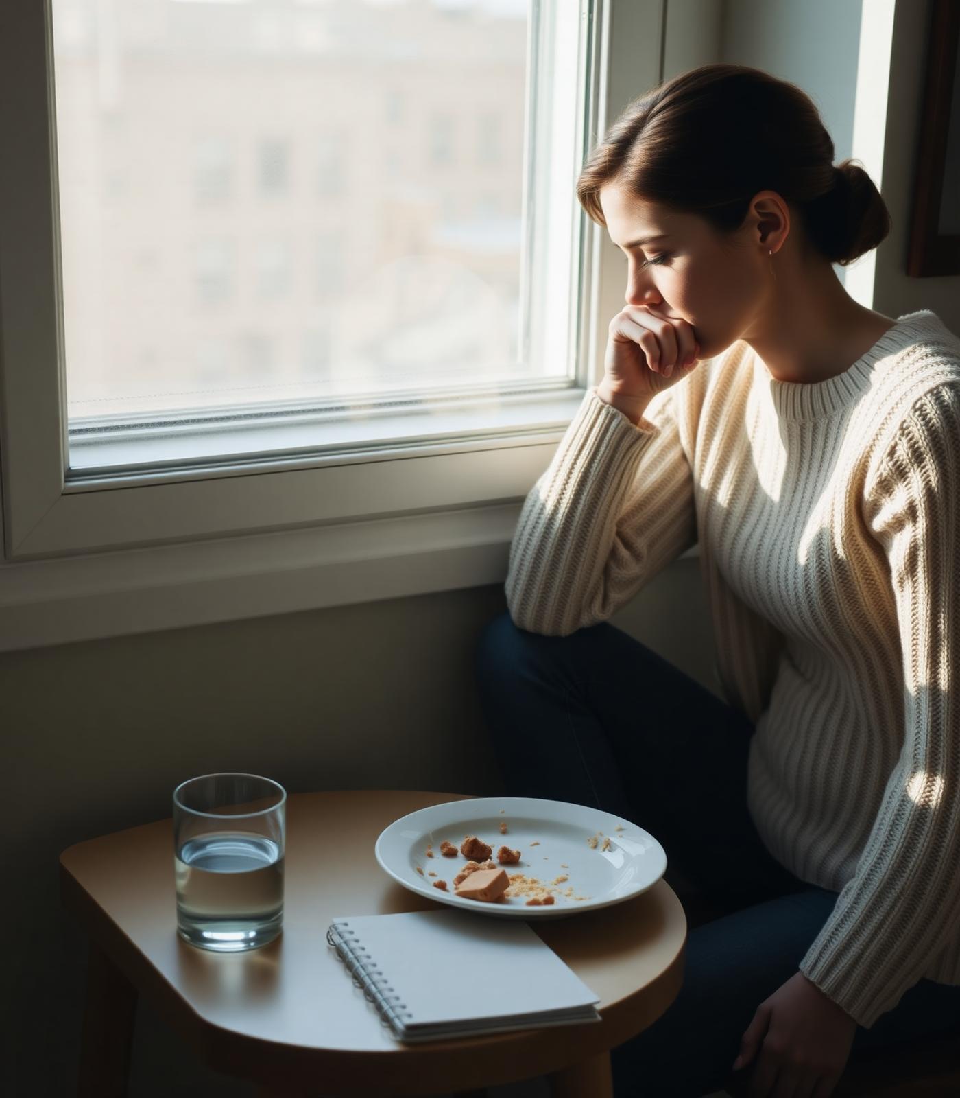 A woman in a cream sweater sitting alone by a window with a barely-eaten plate of food, looking quietly tired — the daily weight of living with SIBO.