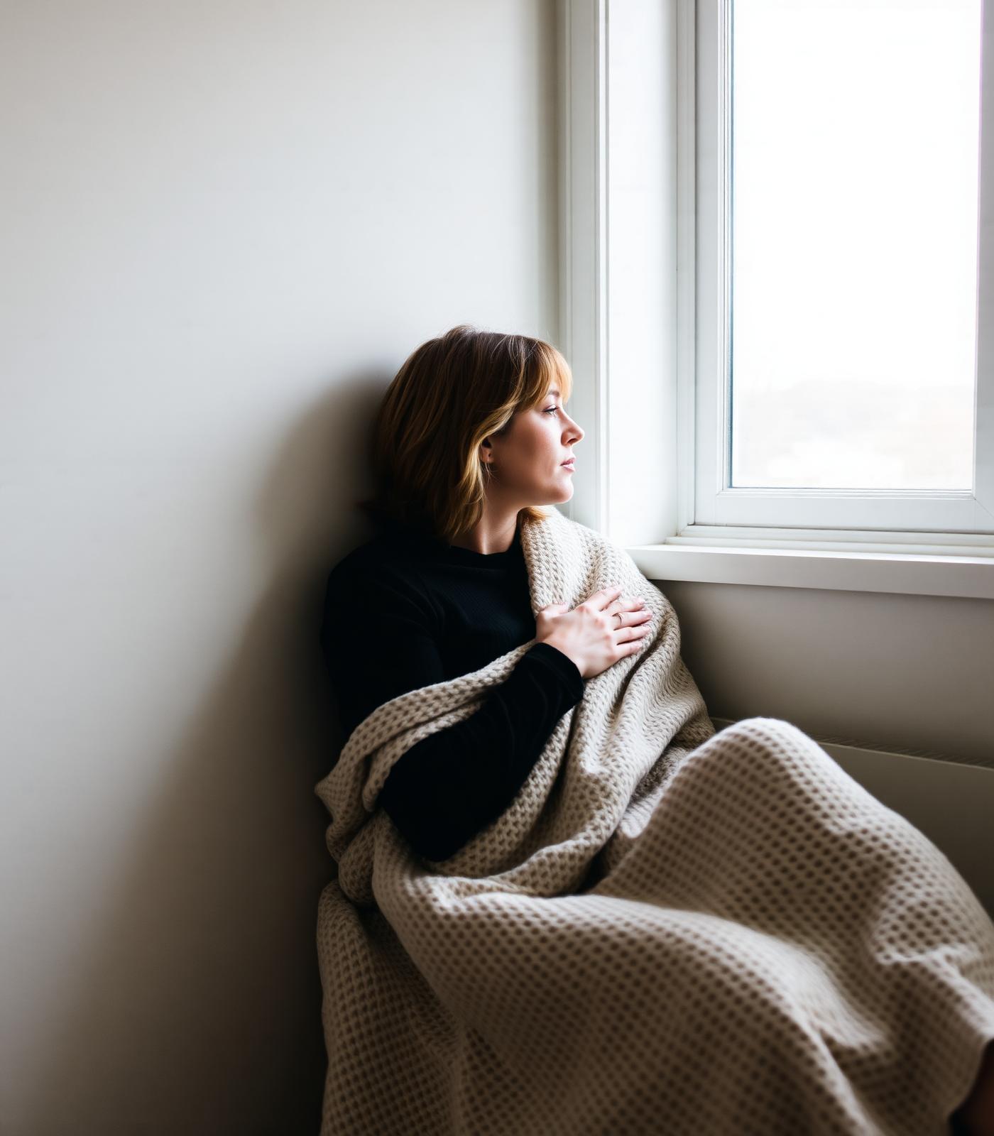 A woman wrapped in a soft blanket sitting by a window, hand resting near her chest — reflecting the quiet weight of chronic illness.