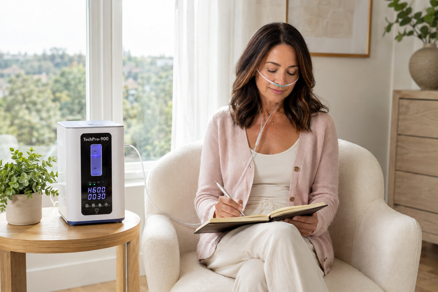 Woman using the TechPro-900 molecular hydrogen inhalation machine while journaling in a peaceful home setting