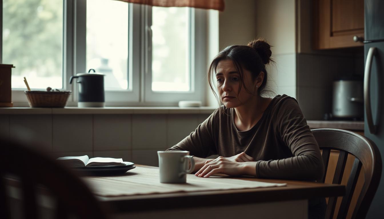 An exhausted woman sitting at a kitchen table with a coffee cup, looking depleted and worn out — the quiet weight of HPA axis burnout.