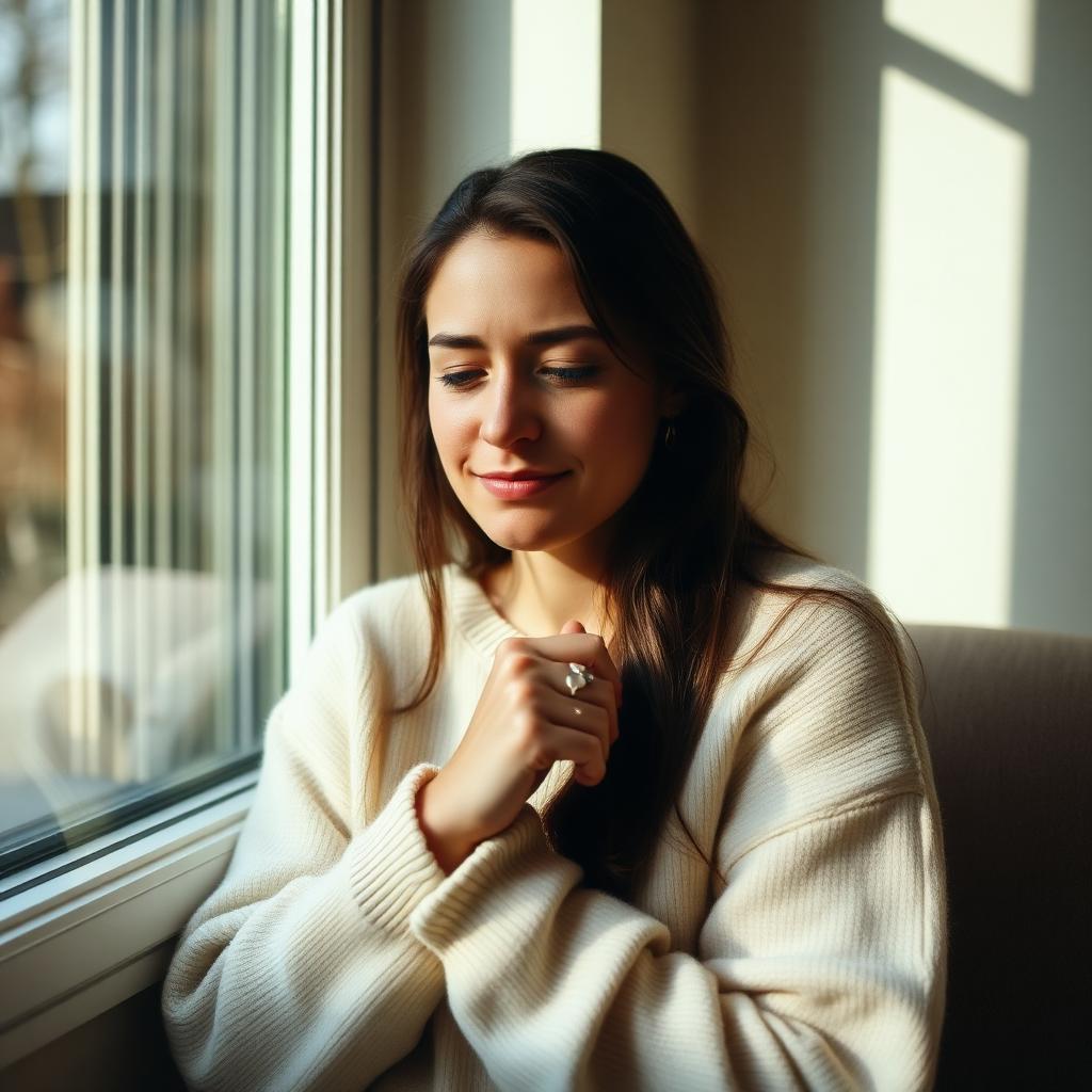 A woman in a cream sweater sitting by a sunlit window, gently holding her wrist and joints, tired but hopeful.