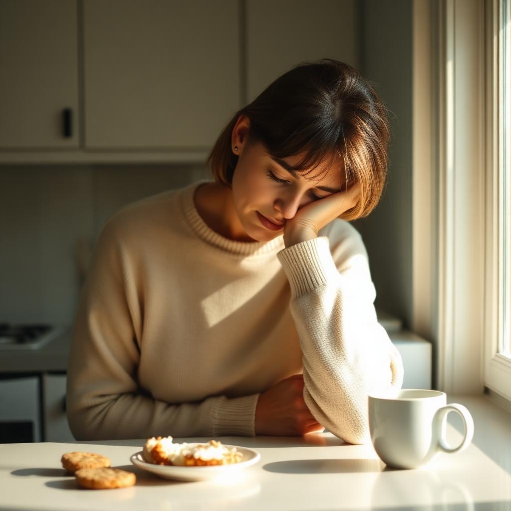 A woman in a cream sweater leaning on her kitchen counter in afternoon light, head in her hand beside a half-eaten snack and coffee — the quiet exhaustion of the 3pm crash and weight that won't budge.