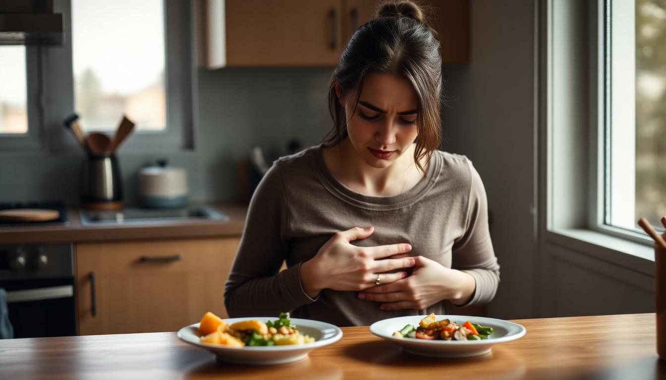 A woman sitting at a kitchen table with her hands on her bloated stomach, looking quietly frustrated at her food — the daily weight of candida and gut dysbiosis.