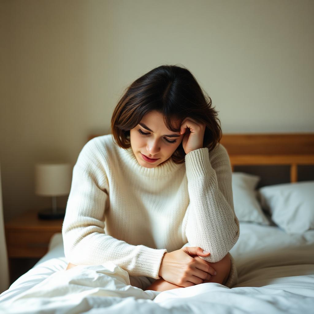 A woman in a cream sweater sitting on the edge of her bed, head resting in her hand, tired but hopeful.