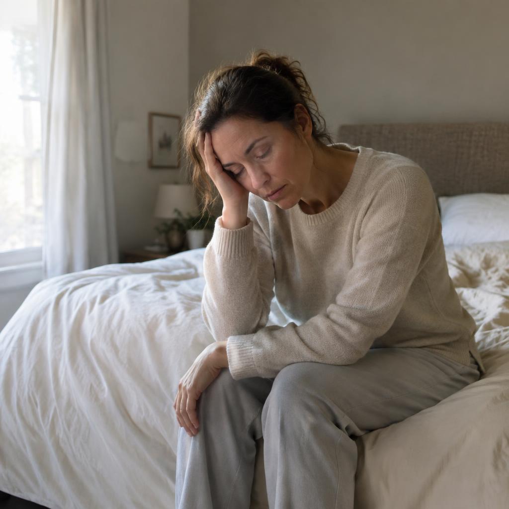A tired woman sitting on the edge of her bed in early morning light with her hand on her forehead.