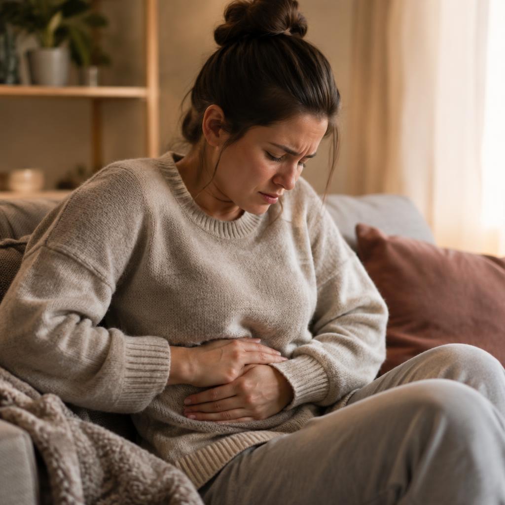 A woman in a soft sweater sitting on a sofa holding her stomach in discomfort.