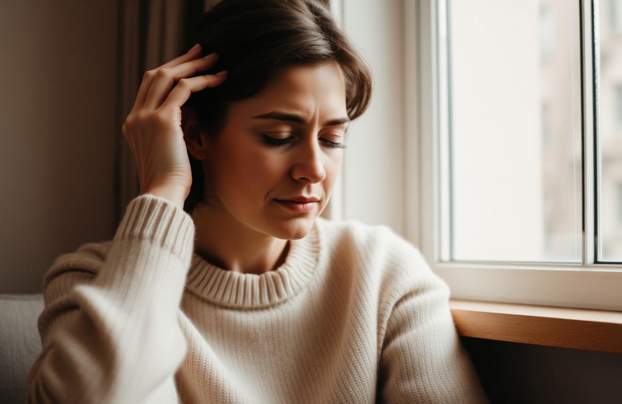 A woman in a cream sweater by a window, gently holding her head with closed eyes — the quiet weight of brain fog, headaches, and unexplained fatigue.