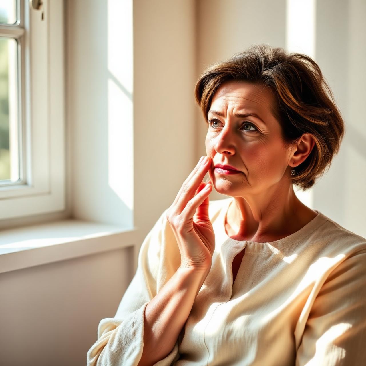 A woman in a cream linen blouse sitting by a sunny window, gently touching a flushed cheek — the quiet weight of a body that has started reacting to everything.