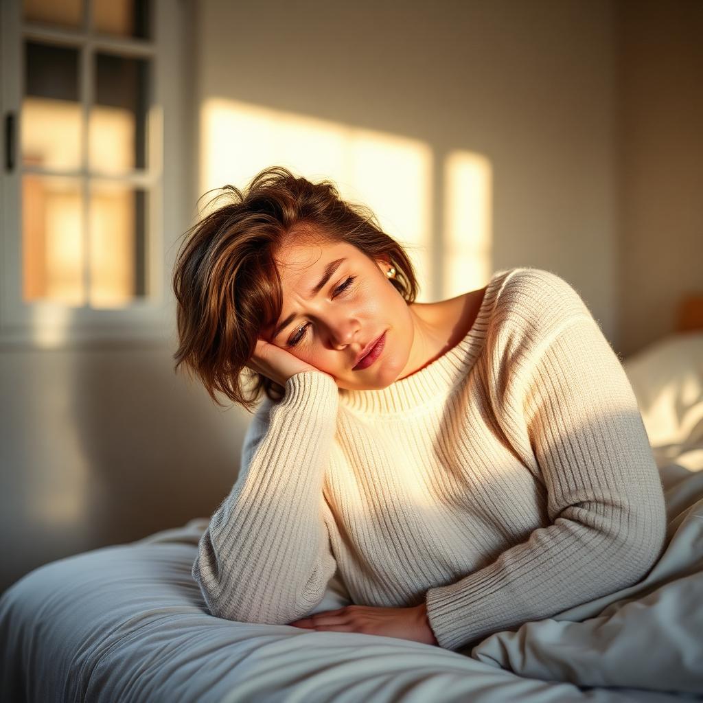 A woman in a cream sweater sitting on the edge of her bed in morning light, head resting in her hand — the quiet weight of hormonal exhaustion and unrecognizable PMS.