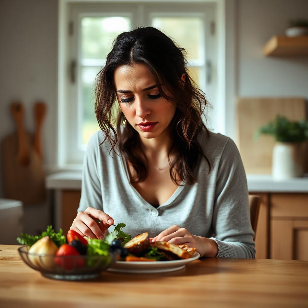 A woman sitting at a kitchen table looking uncertainly at a plate of food — the quiet exhaustion of wondering what your body can handle.