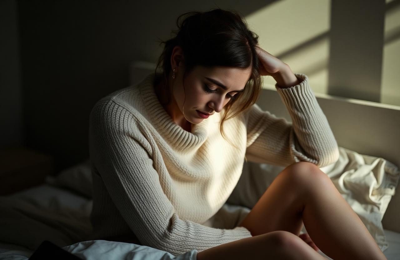 A woman in a soft cream sweater sitting on the edge of her bed holding her head, looking quietly exhausted — the invisible weight of mold illness.
