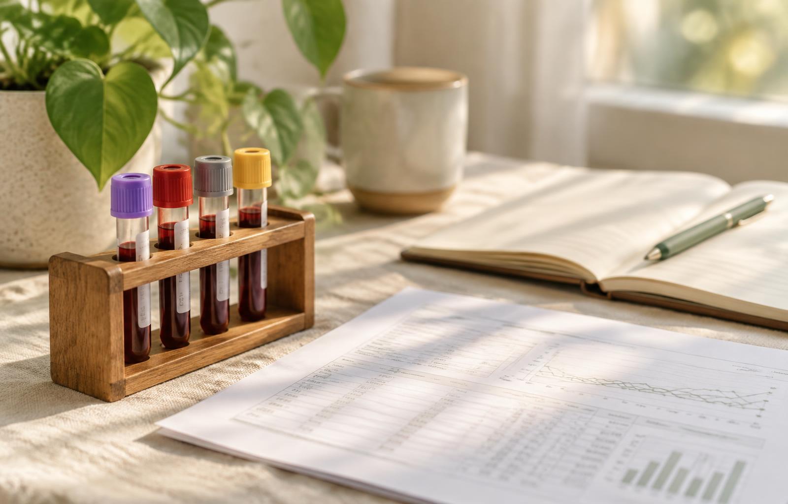 Blood collection tubes in a wooden rack beside a printed lab report and an open notebook in soft window light.
