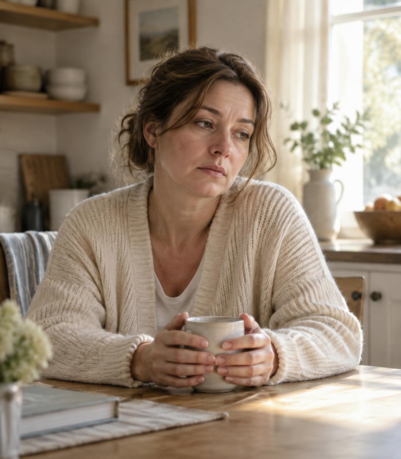 A tired woman in a cream cardigan holding a mug at a sunlit kitchen table.