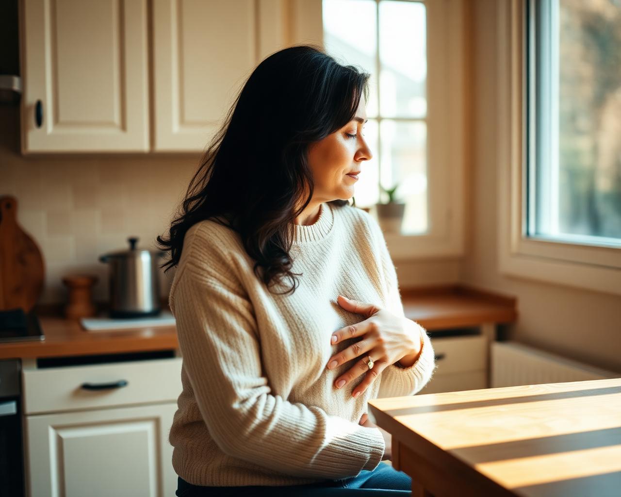 A woman in a cream sweater standing in her kitchen, one hand resting on her stomach, eyes closed in quiet exhaustion.