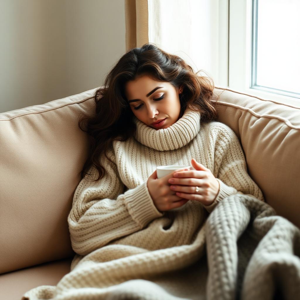 A woman in a cream knit sweater curled up on a couch holding a warm mug, looking tired but hopeful in soft window light.