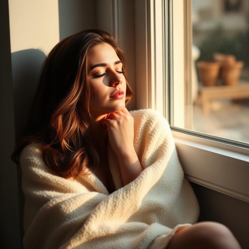 A woman wrapped in a cream blanket by a sunlit window, eyes closed, looking on edge and overwhelmed.