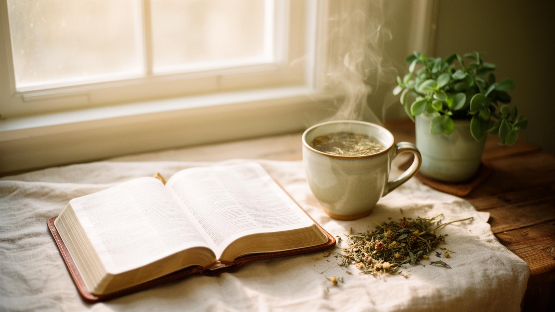 An open Bible beside a steaming mug of herbal tea — faith-rooted, root-cause healing.