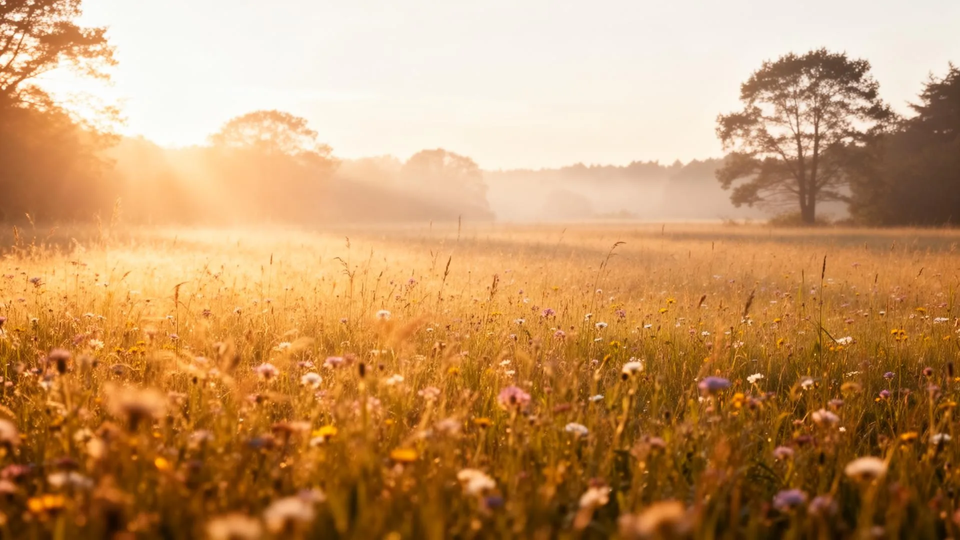 Sunlit meadow with wildflowers at golden hour