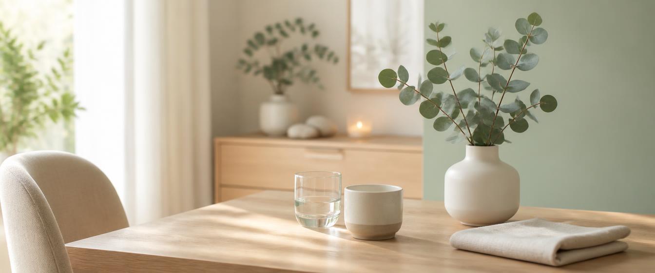 A calm wellness workspace with a journal, water, and botanical details