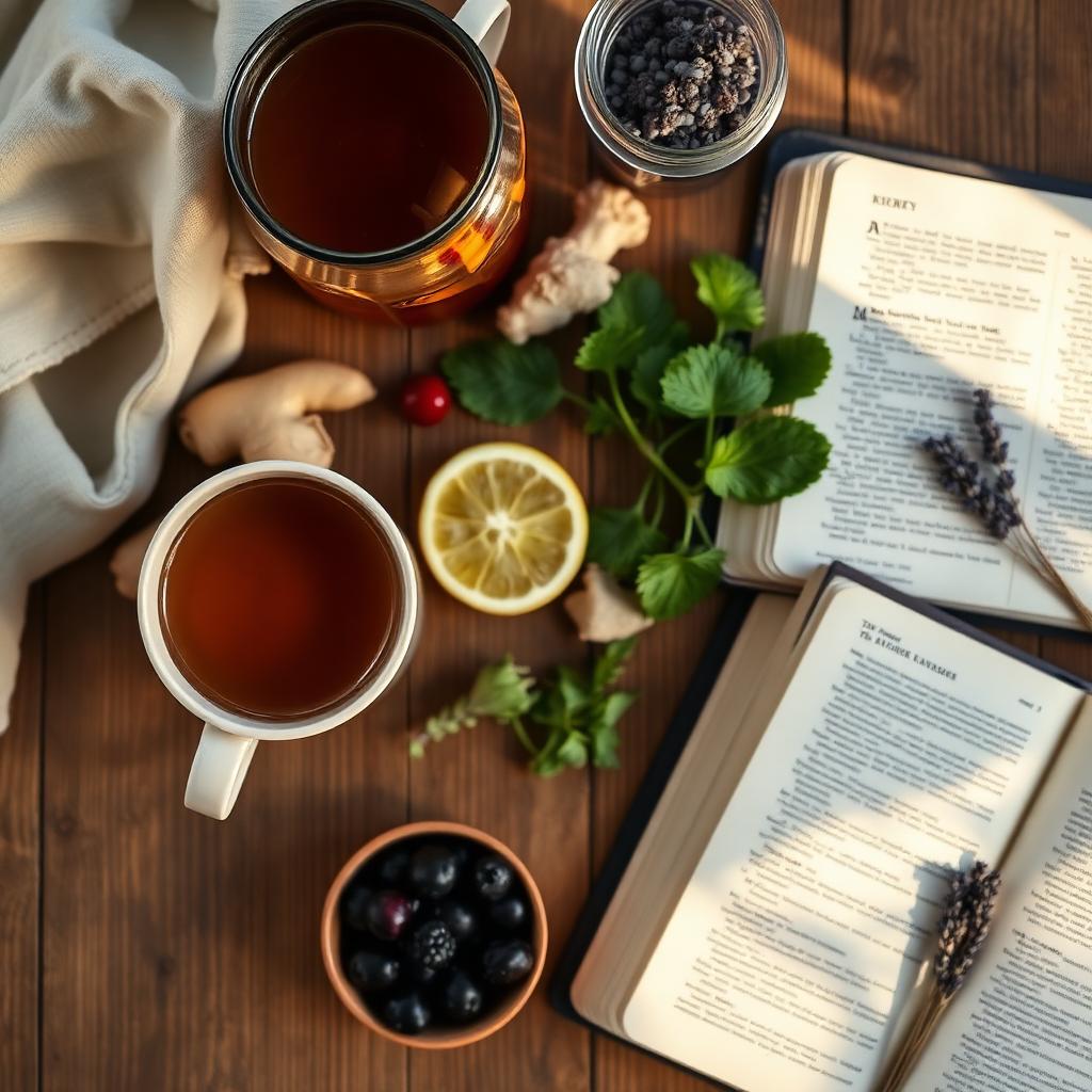 Overhead view of bone broth, sauerkraut, kimchi, berries, and fresh herbs beside an open Bible in soft morning light
