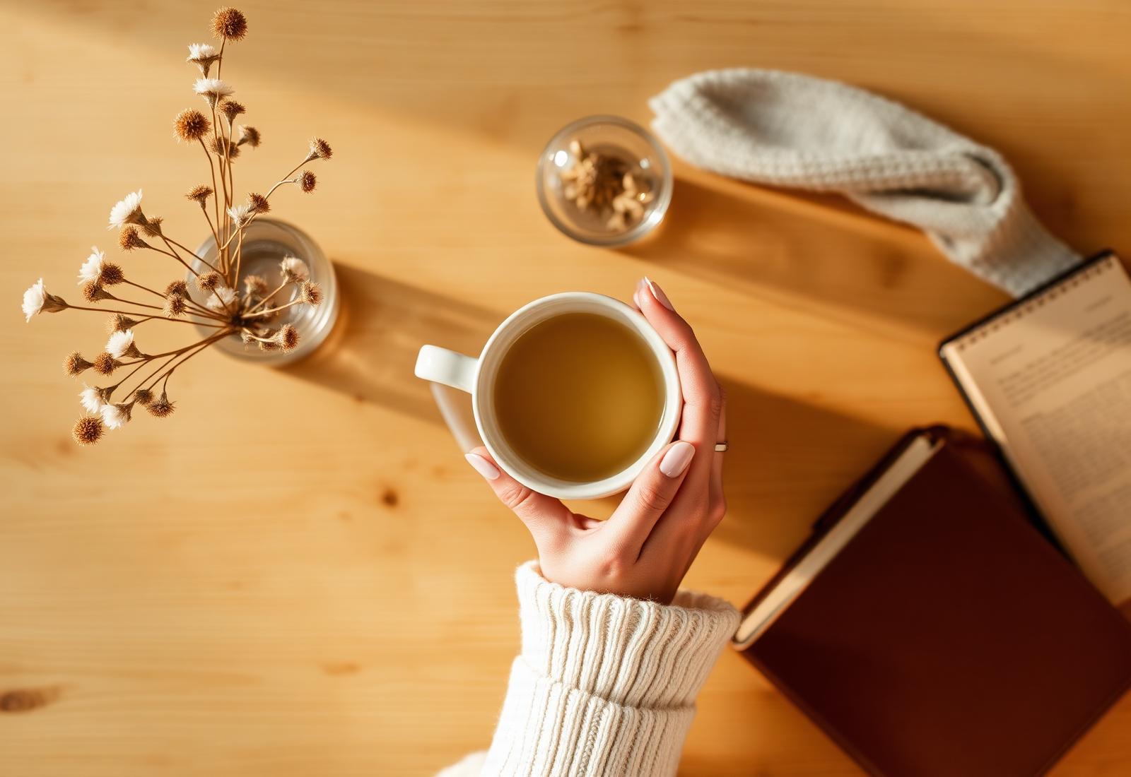 Hands cradling a warm mug beside dried wildflowers and a journal