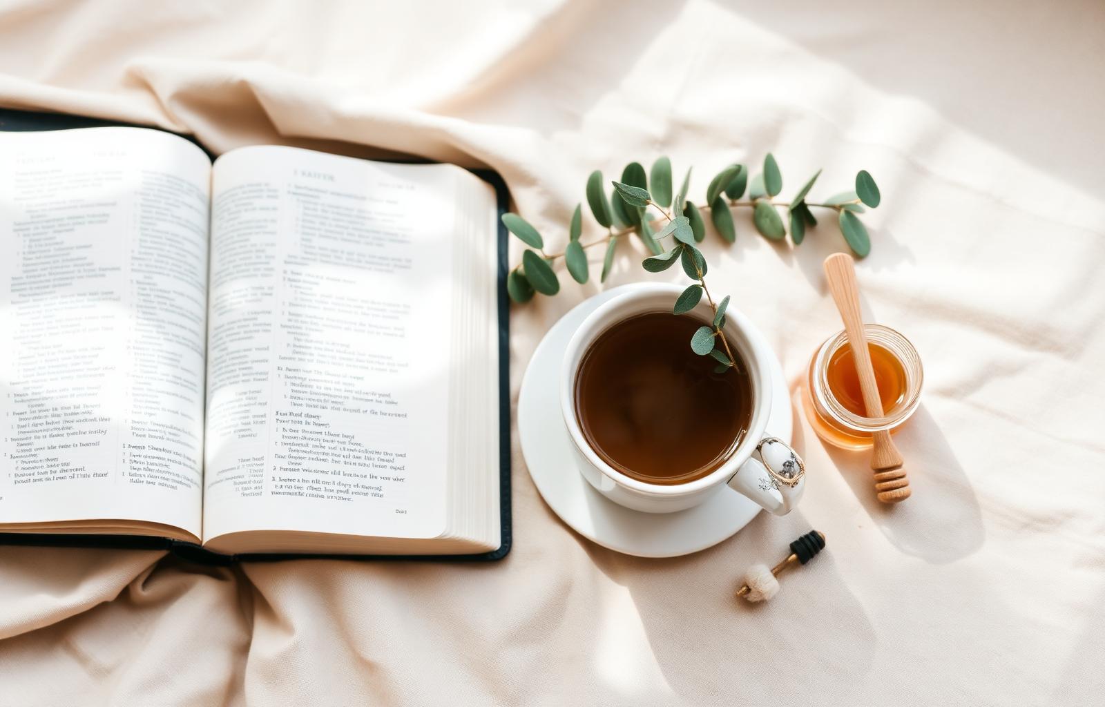 Open Bible, warm tea, eucalyptus, and honey on a linen surface