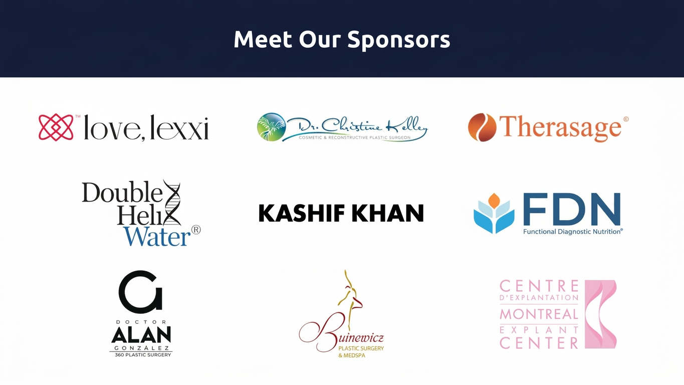 Summit sponsors: love,lexxi · Dr. Christine Kelley · Therasage · Double Helix Water · Kashif Khan · FDN · Dr. Alan González 360 Plastic Surgery · Buinewicz Plastic Surgery & MedSpa · Montreal Explant Center
